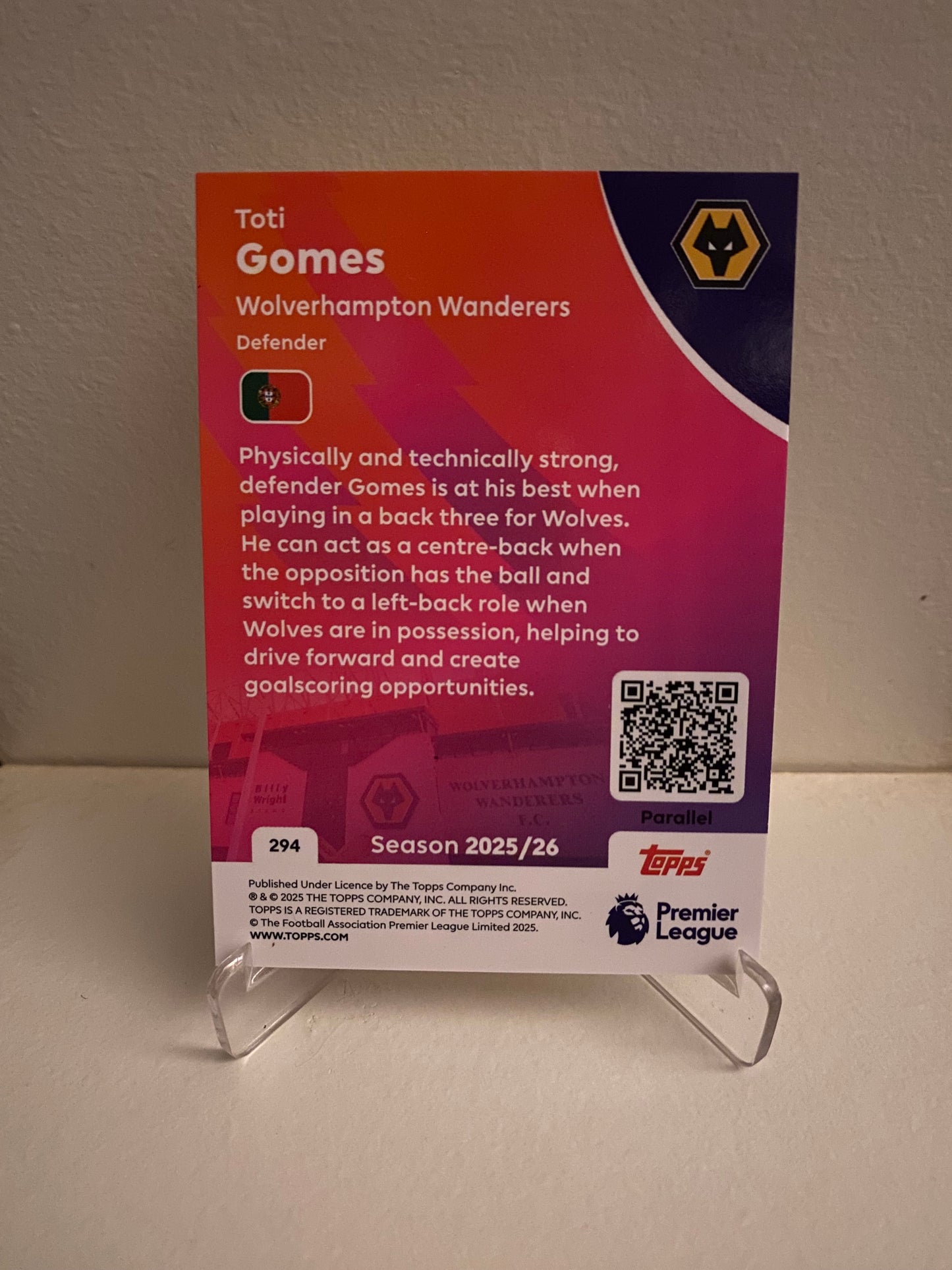 Fodbold kort Topps Premier League 2025/2026 - Yellow Parallel Toti Gomes - Pokedexet