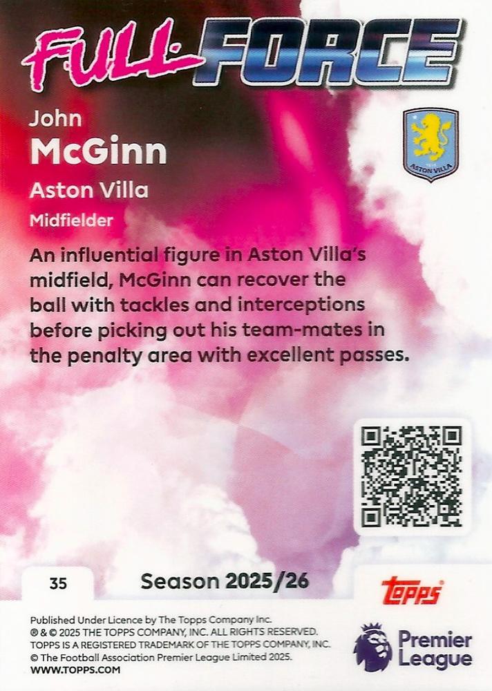 Fodbold kort Topps Premier League 2025/2026 - Full Force John Mcginn - Pokedexet