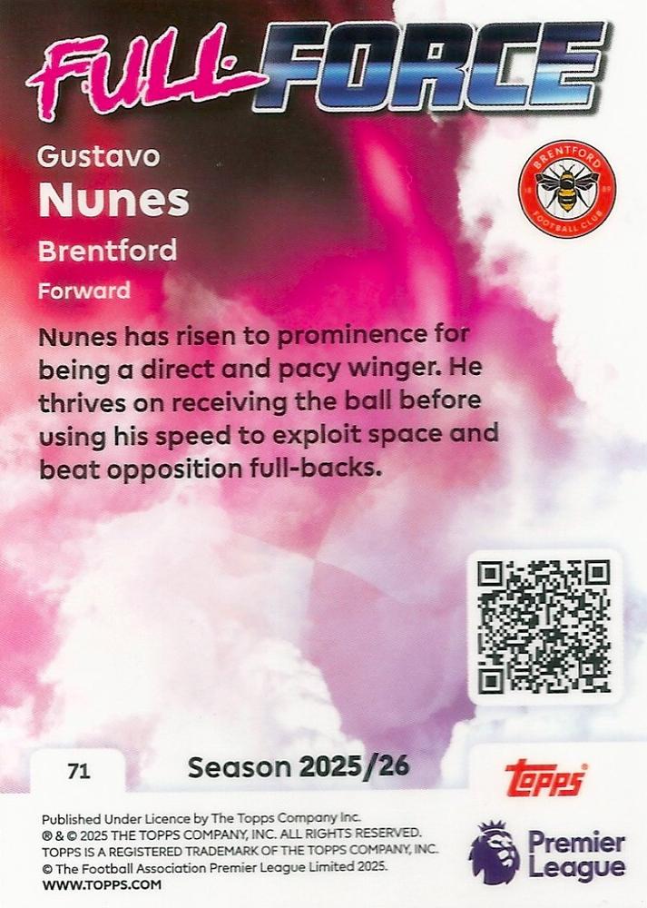 Fodbold kort Topps Premier League 2025/2026 - Full Force Gustavo Nunes - Pokedexet