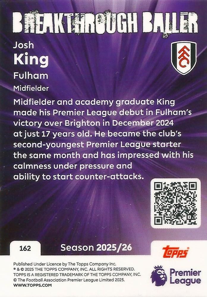 Fodbold kort Topps Premier League 2025/2026 - Breakthrough Baller Josh King - Pokedexet