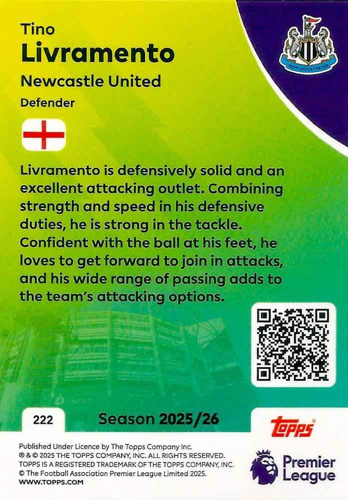 Fodbold kort Topps Premier League 2025/2026 - Newcastle Tino Livramento