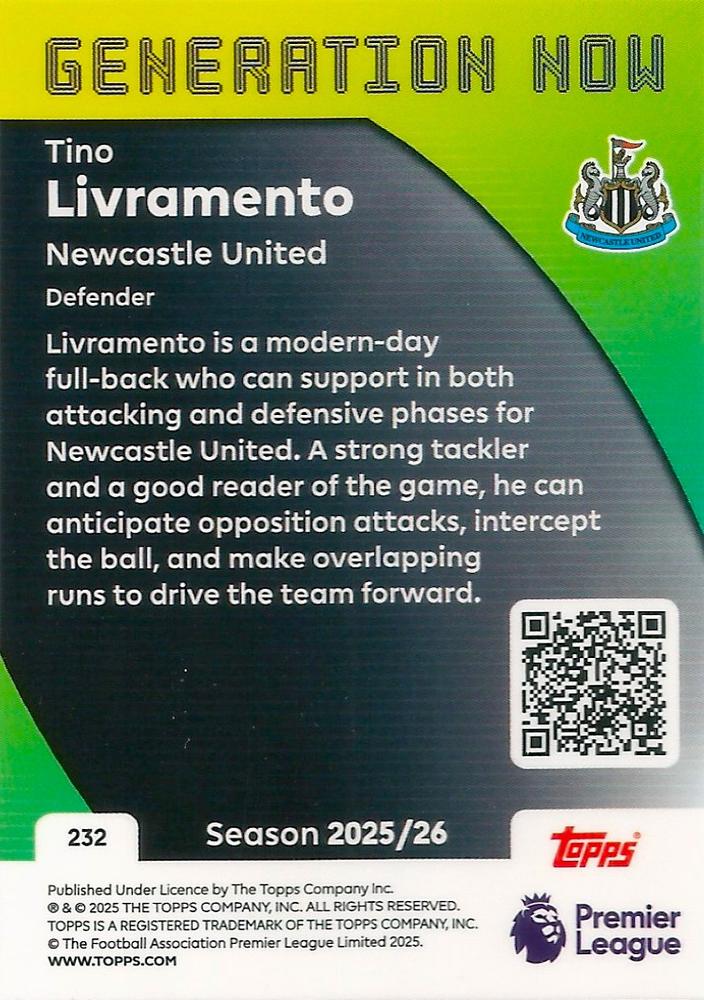Fodbold kort Topps Premier League 2025/2026 - Generation Now Tino Livramento - Pokedexet