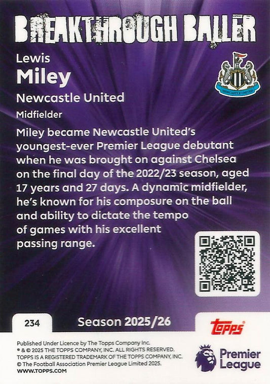 Fodbold kort Topps Premier League 2025/2026 - Breakthrough Baller Lewis Miley - Pokedexet