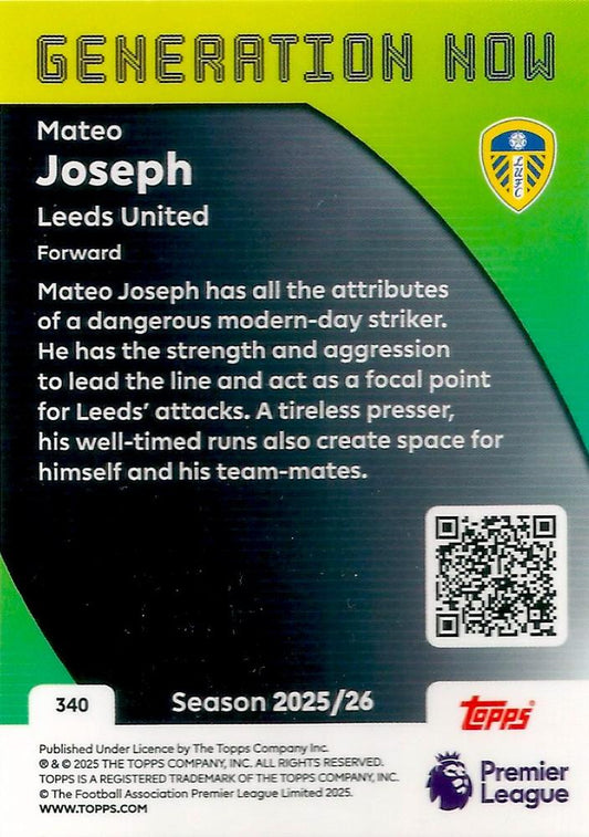 Fodbold kort Topps Premier League 2025/2026 - Generation Now Mateo Joseph - Pokedexet