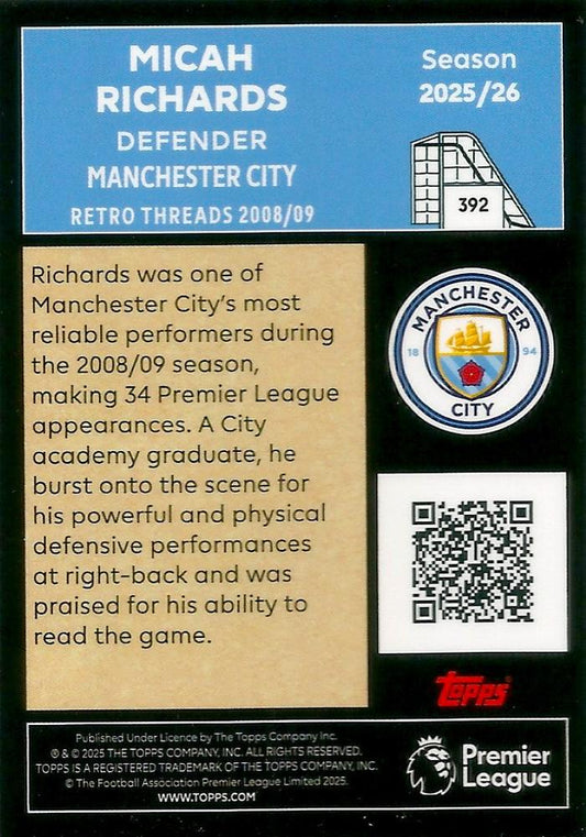 Fodbold kort Topps Premier League 2025/2026 - Retro Threads Micah Richards - Pokedexet
