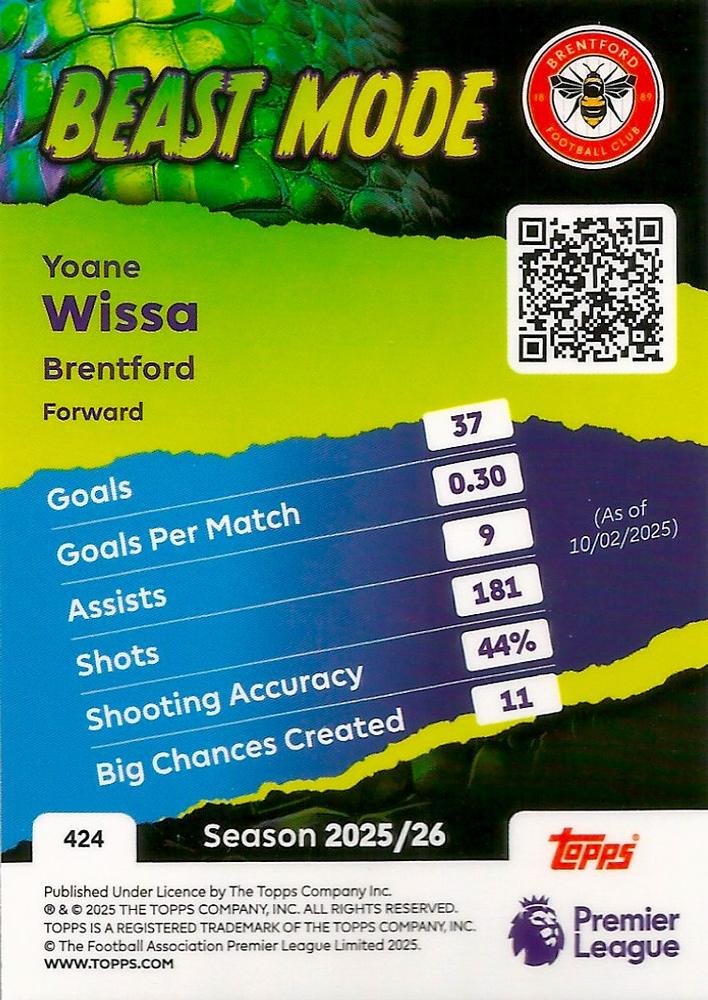 Fodbold kort Topps Premier League 2025/2026 - Beast Mode Yoane Wissa - Pokedexet