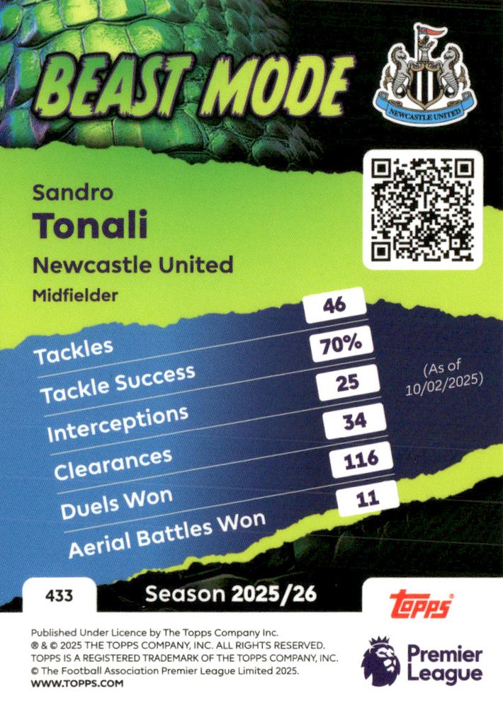 Fodbold kort Topps Premier League 2025/2026 - Beast Mode Sandro Tonali - Pokedexet