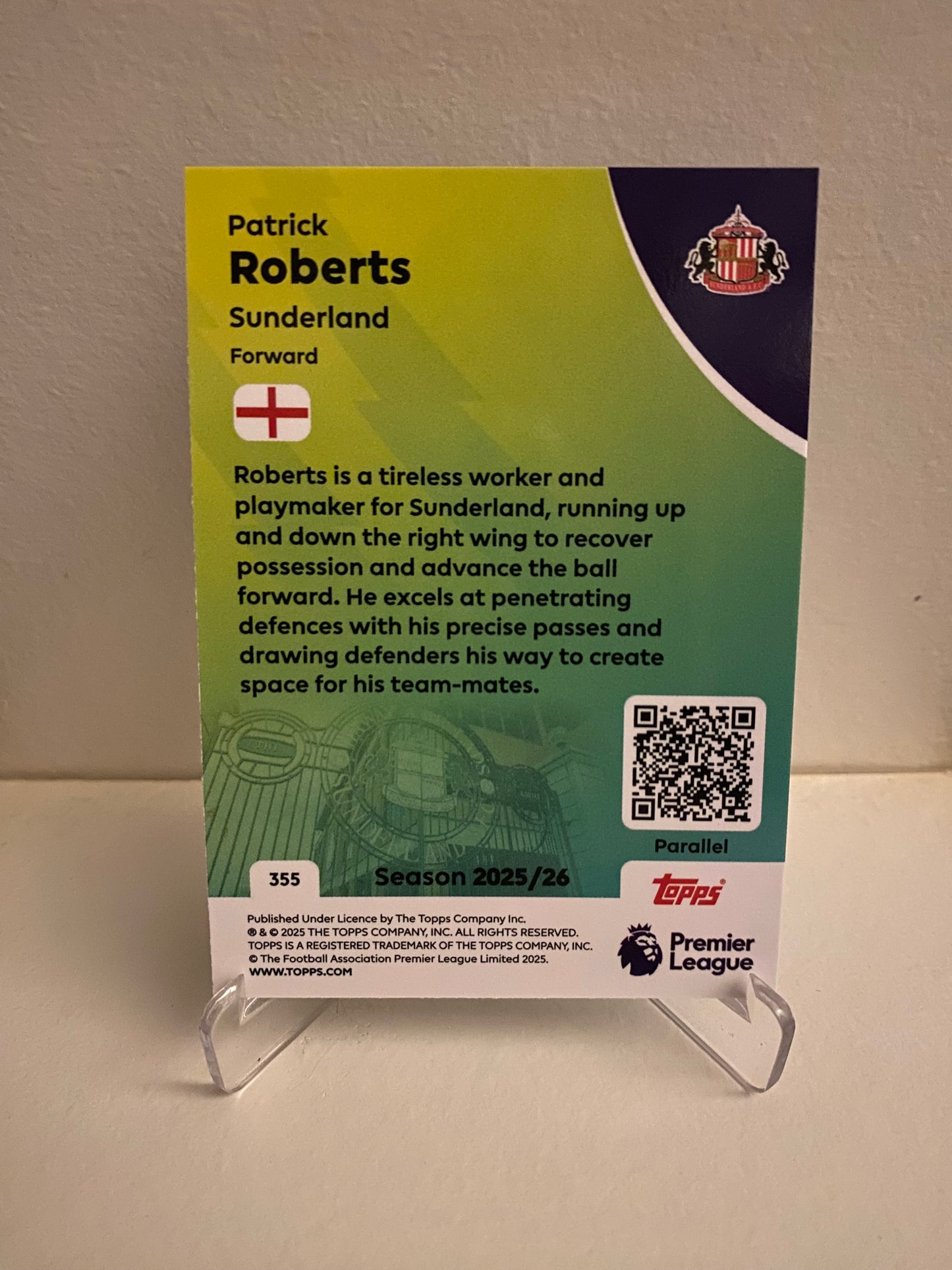 Fodbold kort Topps Premier League 2025/2026 - Blue Parallel Patrick Roberts - Pokedexet