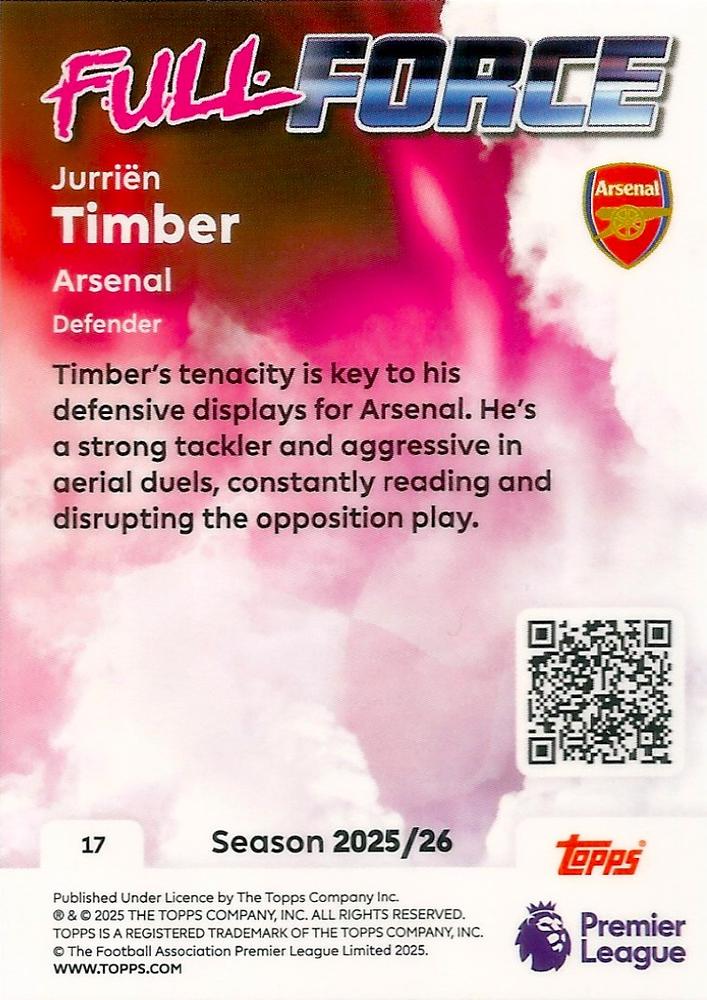 Fodbold kort Topps Premier League 2025/2026 - Full Force Jurrien Timber - Pokedexet