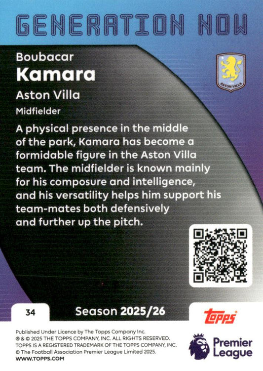 Fodbold kort Topps Premier League 2025/2026 - Generation Now Boubacar Kamara - Pokedexet