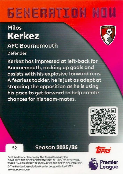 Fodbold kort Topps Premier League 2025/2026 - Generation Now Milos Kerkez - Pokedexet