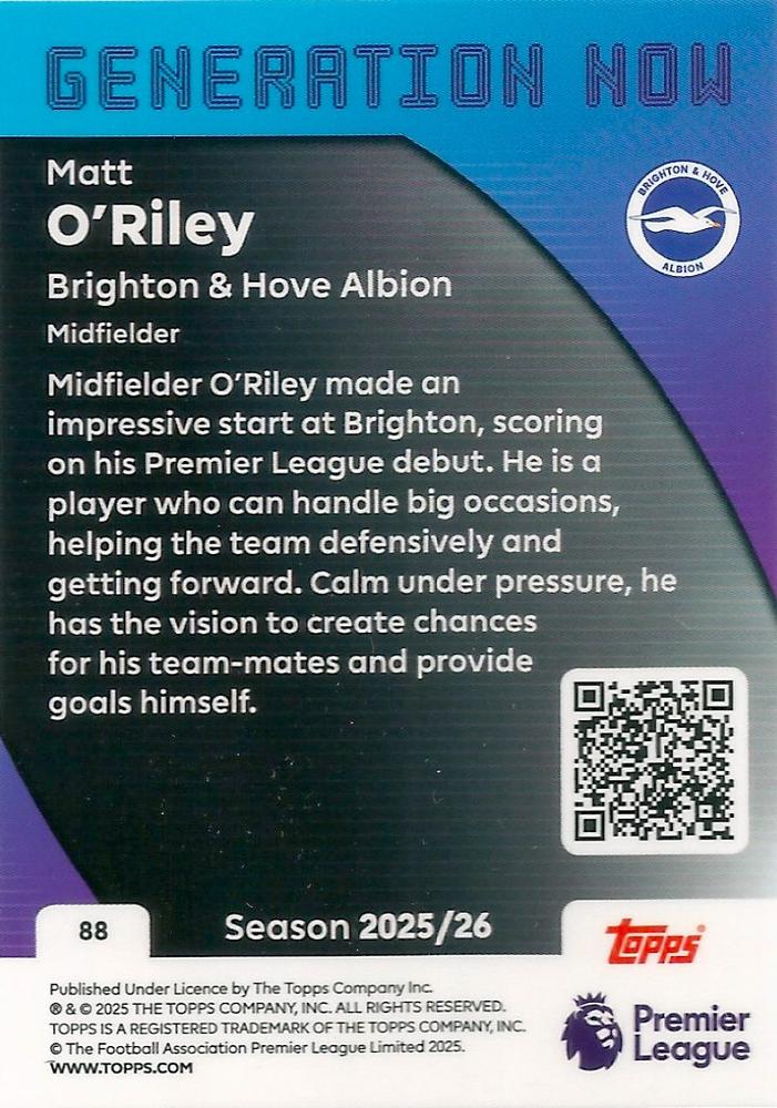 Fodbold kort Topps Premier League 2025/2026 - Generation Now Matt O´Riley - Pokedexet