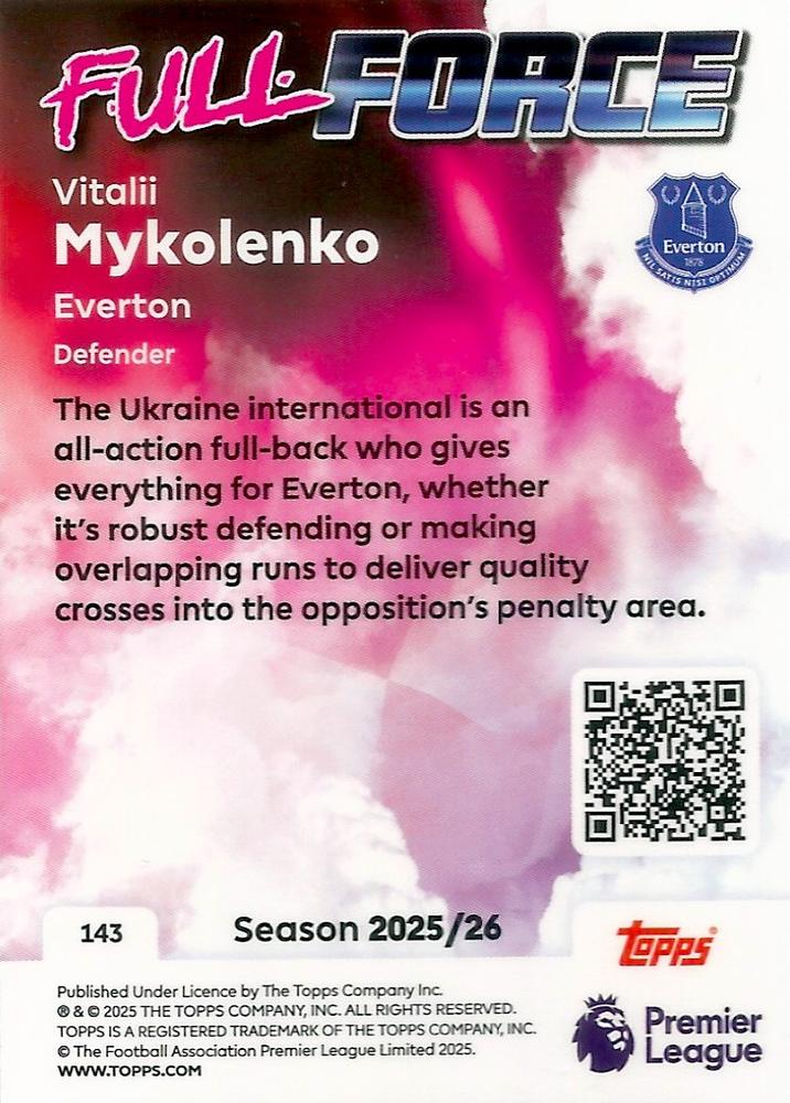 Fodbold kort Topps Premier League 2025/2026 - Full Force Vitalii Mykolenko - Pokedexet