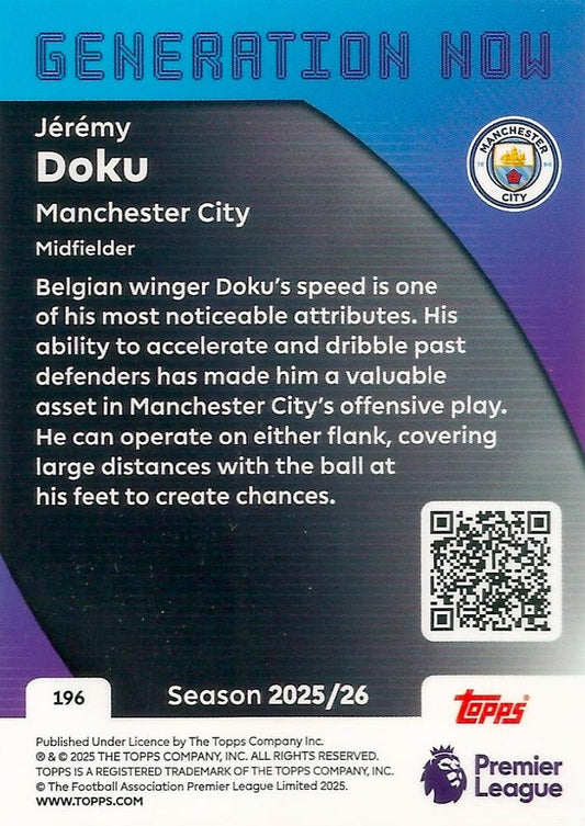 Fodbold kort Topps Premier League 2025/2026 - Generation Now Jeremy Doku - Pokedexet
