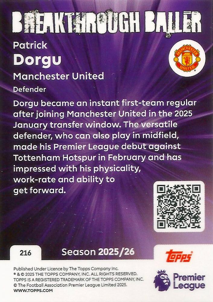 Fodbold kort Topps Premier League 2025/2026 - Breakthrough Baller Patrick Dorgu - Pokedexet