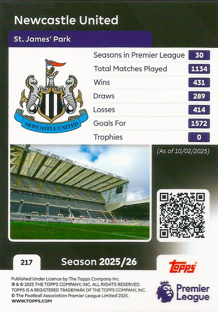 Fodbold kort Topps Premier League 2025/2026 - Team Badge Newcastle United - Pokedexet