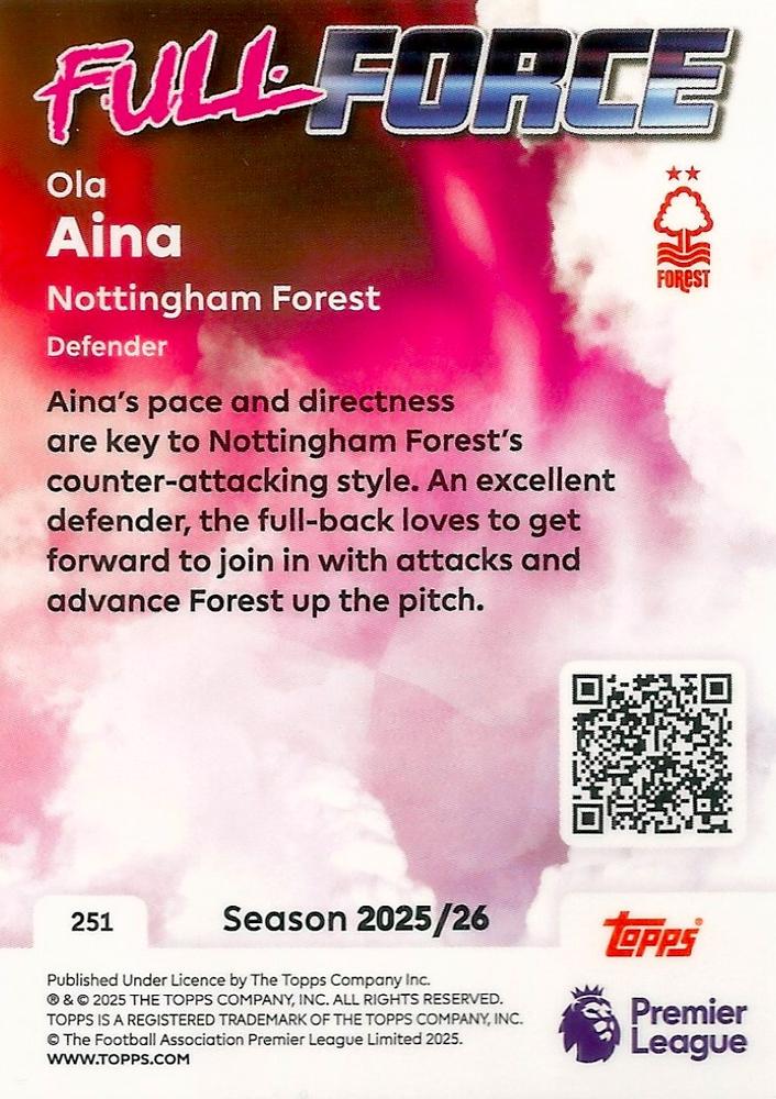 Fodbold kort Topps Premier League 2025/2026 - Full Force Ola Aina - Pokedexet