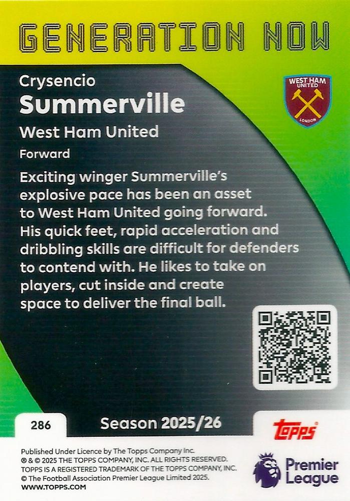 Fodbold kort Topps Premier League 2025/2026 - Generation Now Crysencio Summerville - Pokedexet