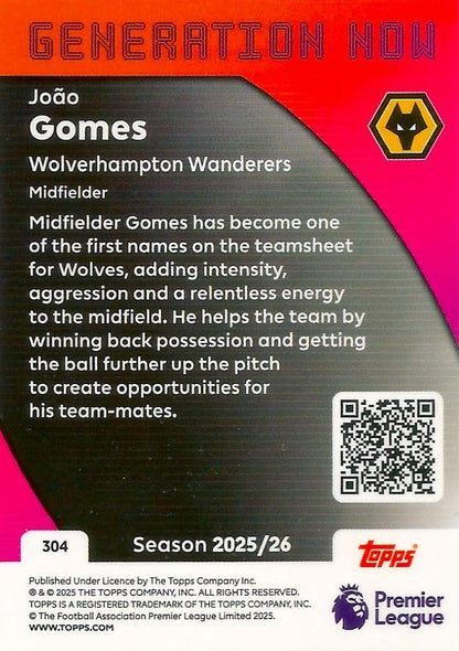 Fodbold kort Topps Premier League 2025/2026 - Generation Now Joao Gomes - Pokedexet