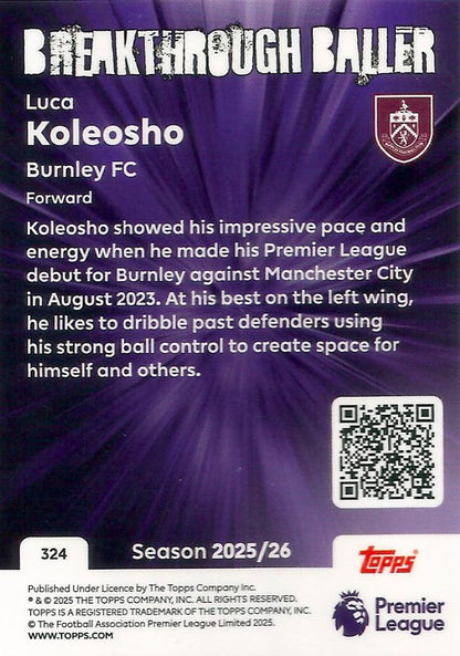 Fodbold kort Topps Premier League 2025/2026 - Breakthrough Baller Luca Koleosho - Pokedexet