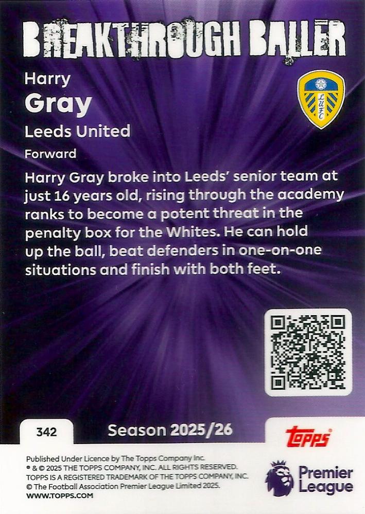 Fodbold kort Topps Premier League 2025/2026 - Breakthrough Baller Harry Gray - Pokedexet