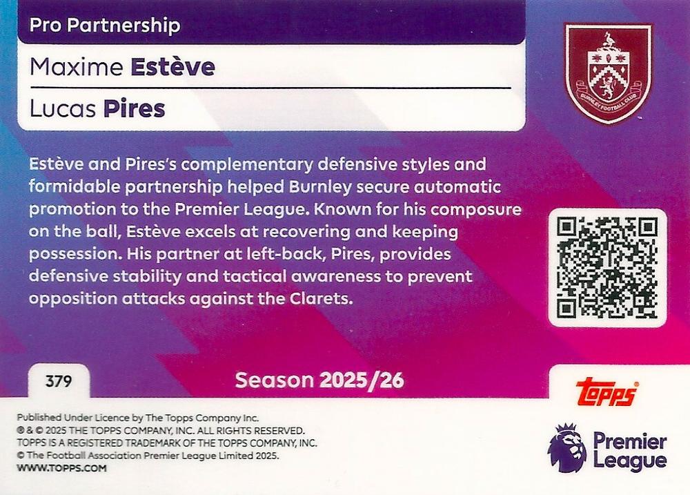 Fodbold kort Topps Premier League 2025/2026 - Pro Partnership Maxime Esteve/Lucas Pires - Pokedexet