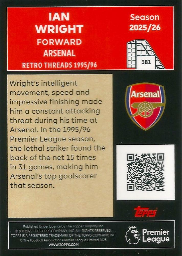 Fodbold kort Topps Premier League 2025/2026 - Retro Threads Ian Wright - Pokedexet