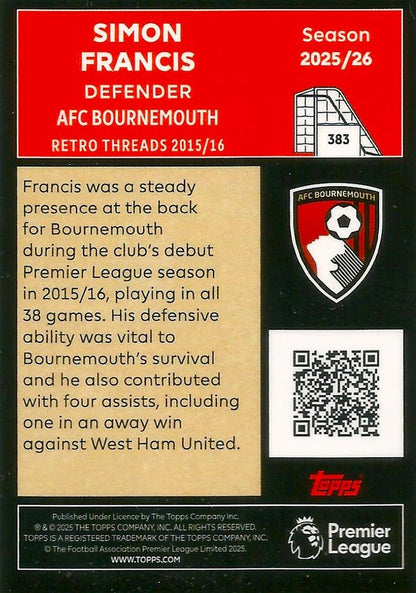 Fodbold kort Topps Premier League 2025/2026 - Retro Threads Simon Francis - Pokedexet
