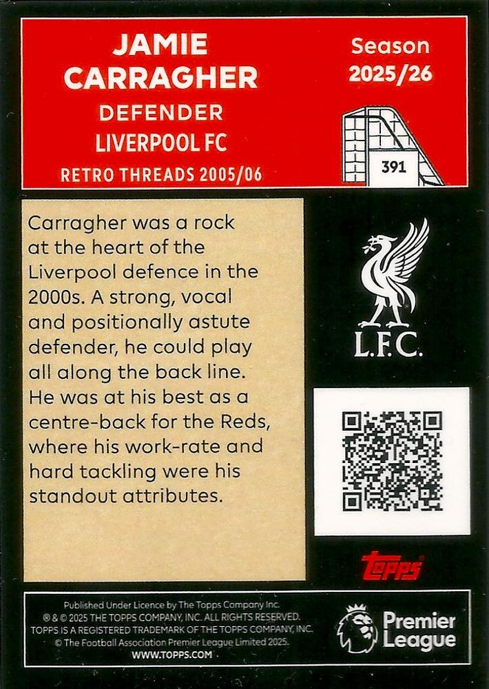 Fodbold kort Topps Premier League 2025/2026 - Retro Threads Jamie Carragher - Pokedexet