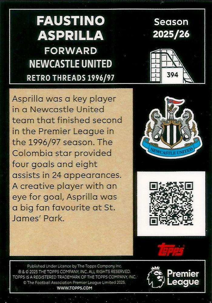Fodbold kort Topps Premier League 2025/2026 - Retro Threads Faustino Asprilla - Pokedexet