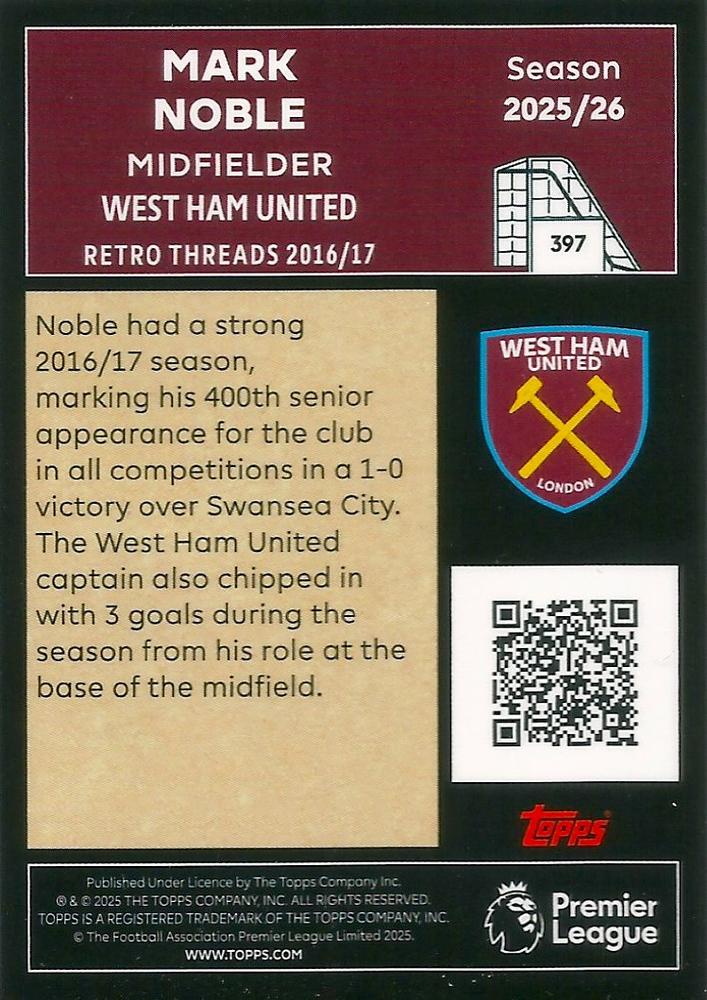 Fodbold kort Topps Premier League 2025/2026 - Retro Threads Mark Noble - Pokedexet