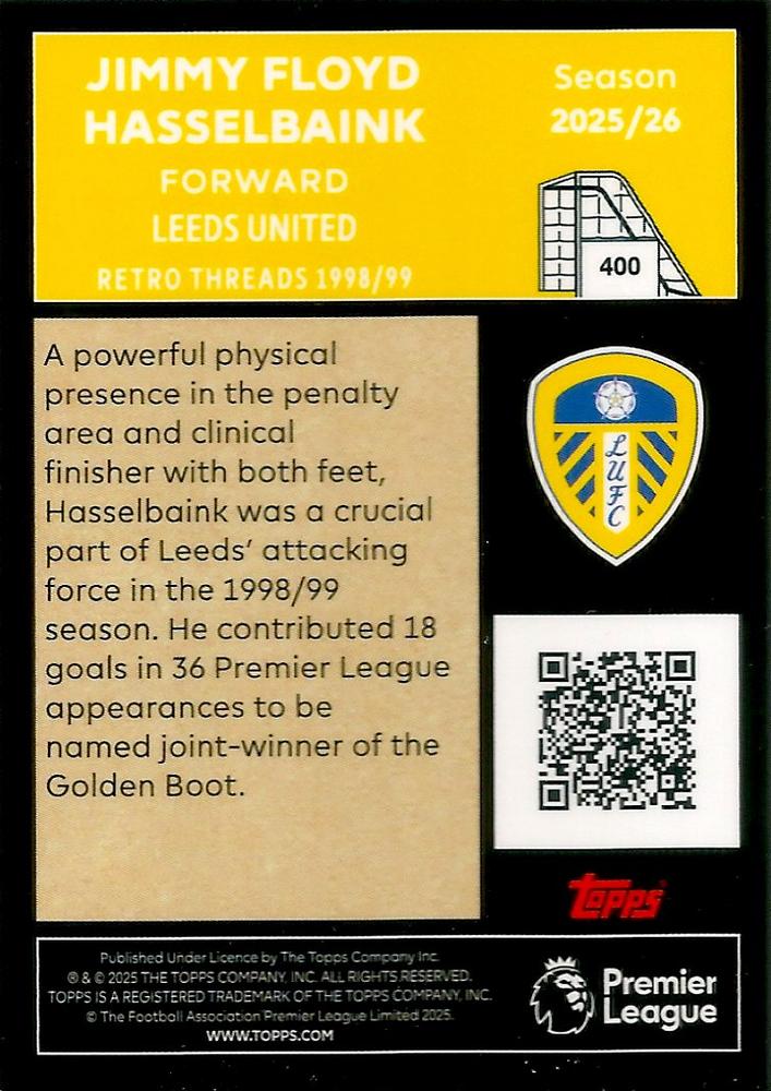 Fodbold kort Topps Premier League 2025/2026 - Retro Threads Jimmy Floyd Hasselbaink - Pokedexet
