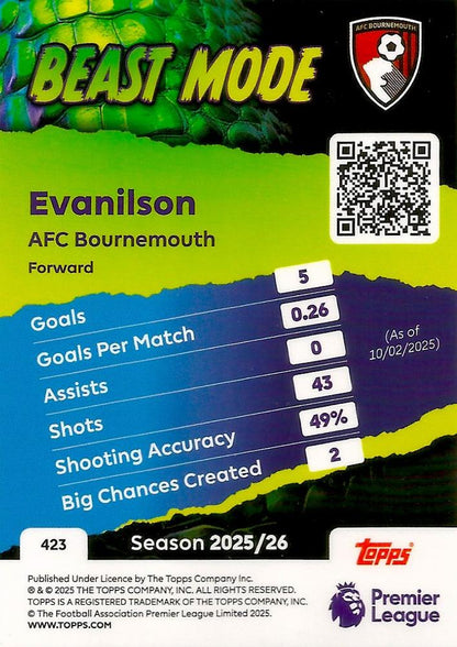 Fodbold kort Topps Premier League 2025/2026 - Beast Mode Evanilson - Pokedexet