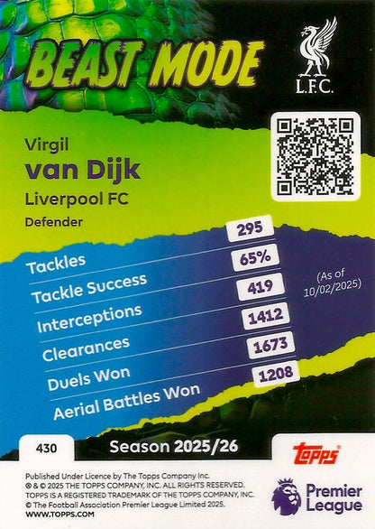 Fodbold kort Topps Premier League 2025/2026 - Beast Mode Virgil Van Dijk - Pokedexet