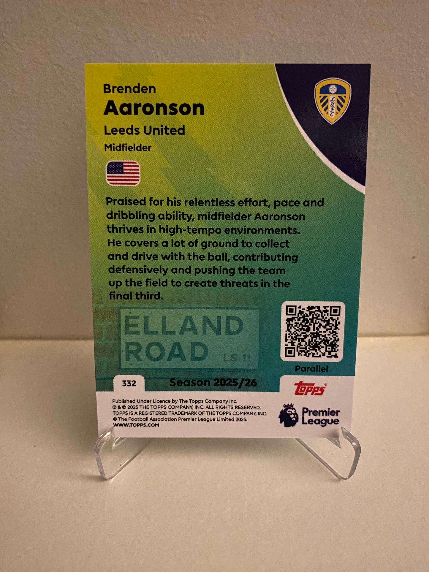 Fodbold kort Topps Premier League 2025/2026 - Blue Parallel Brenden Aaronson - Pokedexet