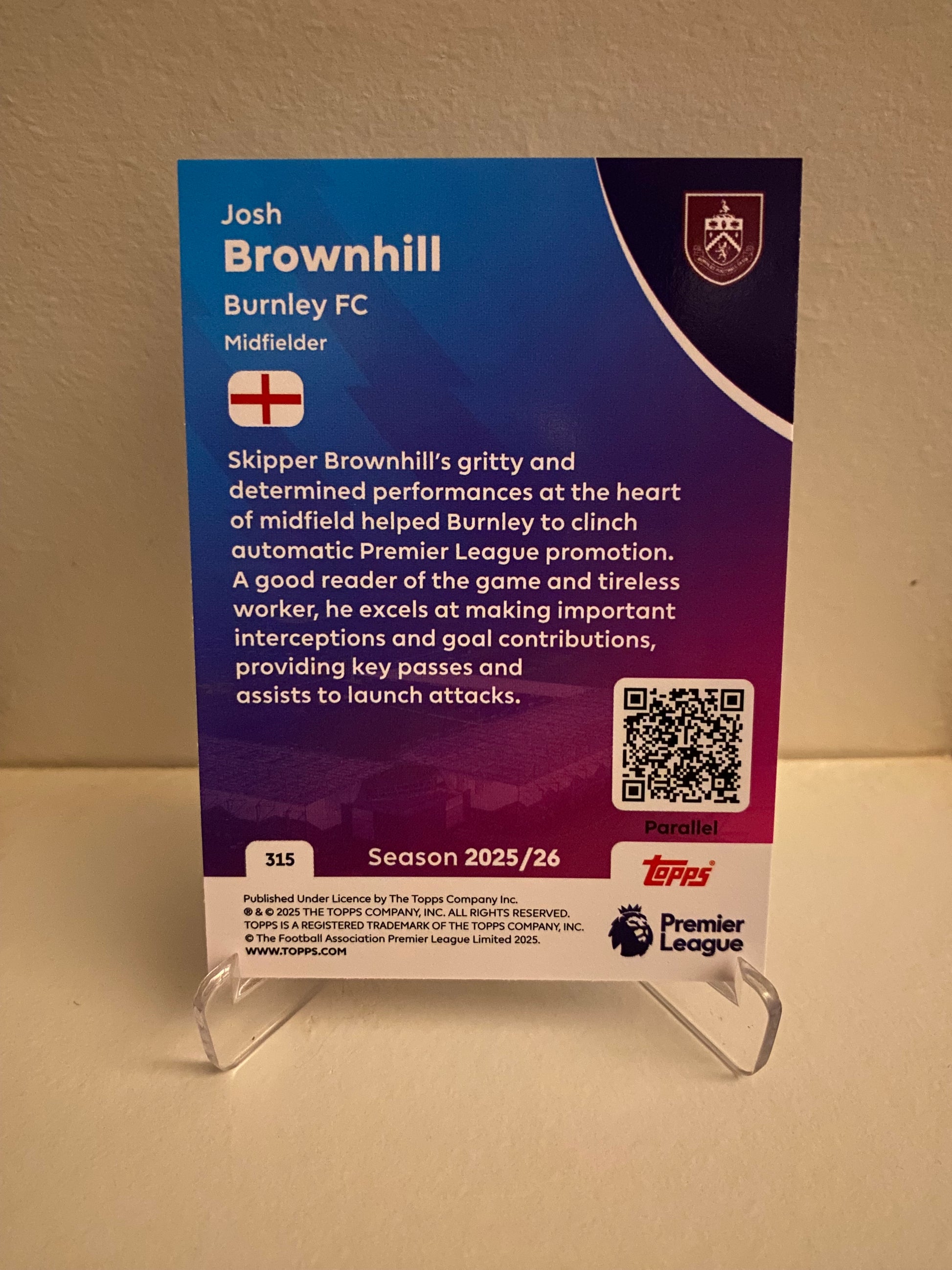 Fodbold kort Topps Premier League 2025/2026 - Blue Parallel Josh Brownhill - Pokedexet